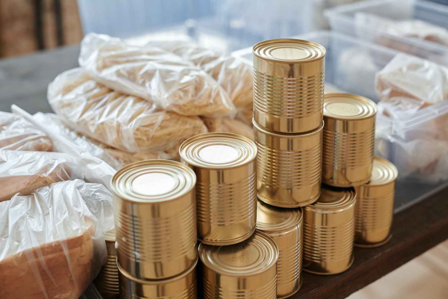 a close up shot of canned goods
